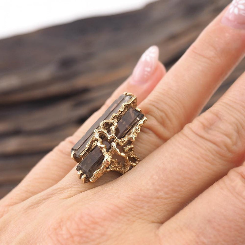 Gold Brutalist Ring, Smoky Topaz Ring, 10k Gold Ring, Vintage Gold Ring, 60s Ring, Midcentury Ring, Statement Ring, Woman's Ring