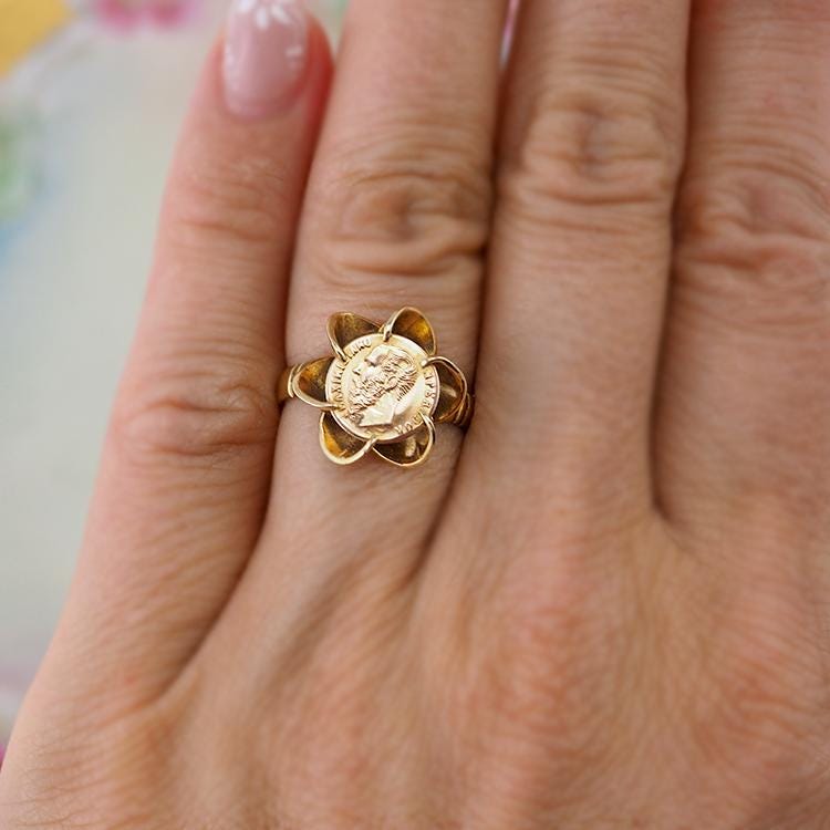 Gold Coin Ring, 14K Gold Ring, Maximiliano Emperador Ring, Mexican Ring, Vintage Gold Ring, Woman's Ring, Size 6.5 Ring, Elegant Ring