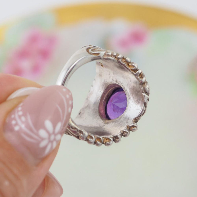 Amethyst Ring, Sterling Silver Ring, Handmade Ring, Cabochon Ring, Cocktail Ring, Heavy Ring, Estate Ring, Vintage Ring, 925 Ring