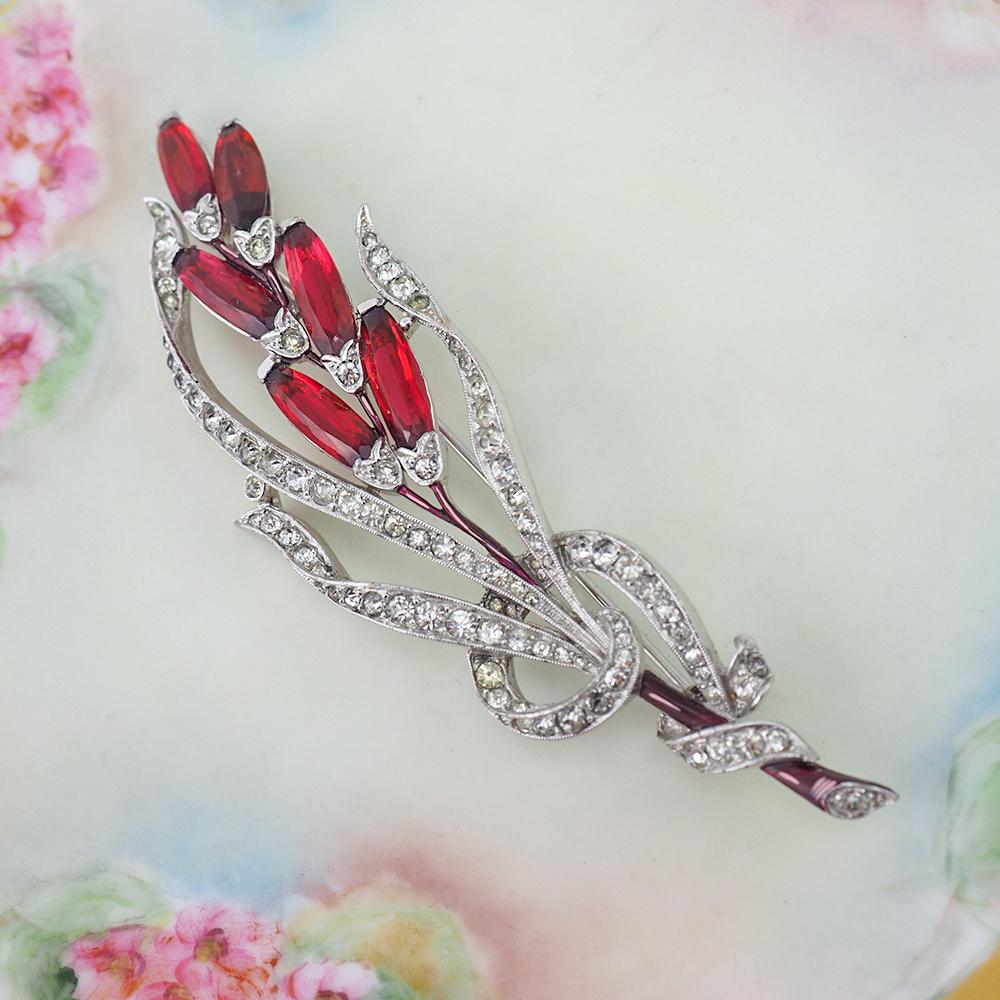 Trifari Brooch, Red Trifari Brooch, Trifari 1940s Brooch, Trifari Lozenges Flower Brooch, 1940s Brooch, Vintage Brooch, Rhinestone Brooch