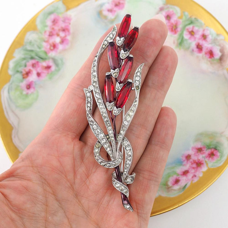 Trifari Brooch, Red Trifari Brooch, Trifari 1940s Brooch, Trifari Lozenges Flower Brooch, 1940s Brooch, Vintage Brooch, Rhinestone Brooch