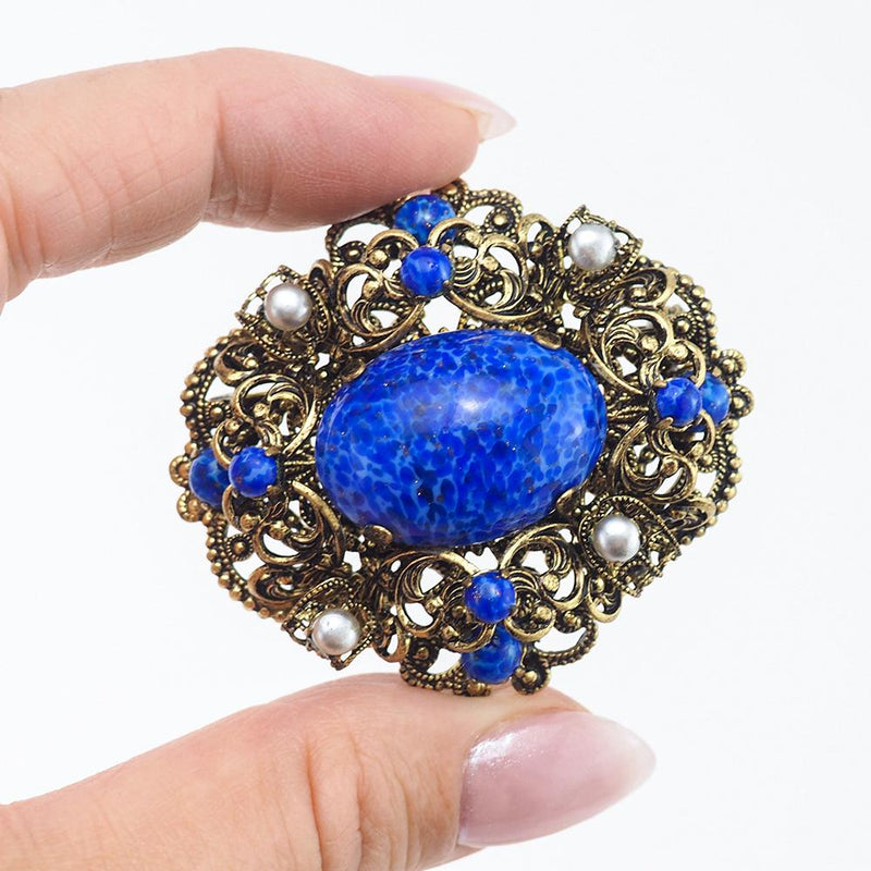 Vintage Filigree Brooch, Czech Brooch, Art Glass Brooch, Faux Lapis Lazuli, Vintage Brooch, Glass Pearl Brooch, Czech Filigree Brooch, Blue