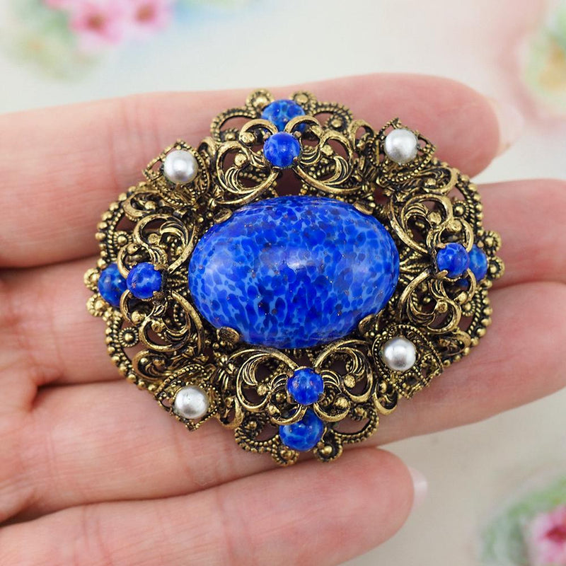 Vintage Filigree Brooch, Czech Brooch, Art Glass Brooch, Faux Lapis Lazuli, Vintage Brooch, Glass Pearl Brooch, Czech Filigree Brooch, Blue