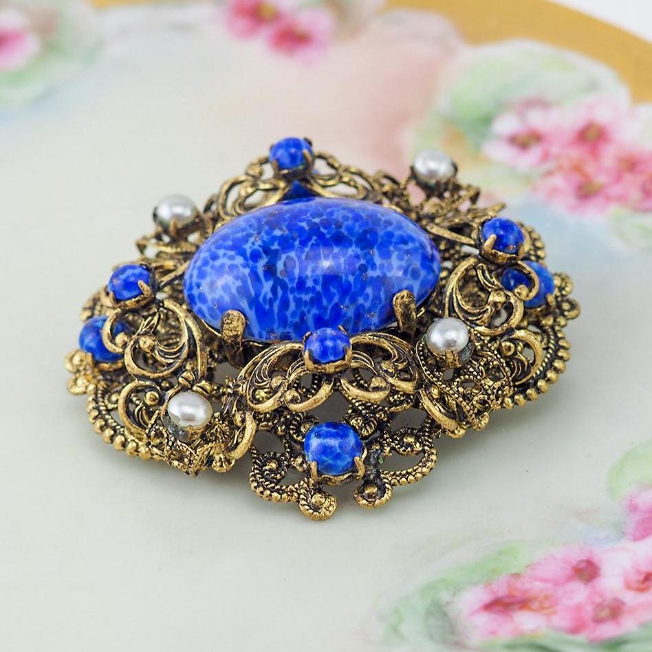 Vintage Filigree Brooch, Czech Brooch, Art Glass Brooch, Faux Lapis Lazuli, Vintage Brooch, Glass Pearl Brooch, Czech Filigree Brooch, Blue