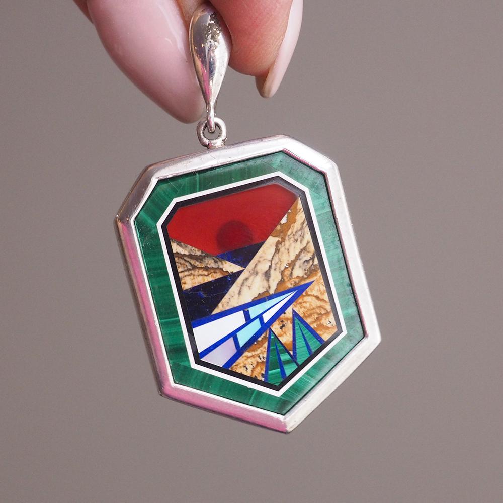 Inlay Pendant, Sterling Silver Pendant, Gemstone Inlay, Mountain Scene, Intarsia Pendant, Malachite Inlay, Vintage Silver, Silver Inlay, 925