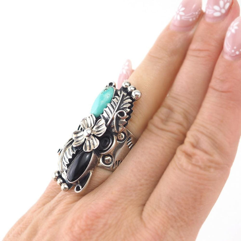 Southwestern Ring, Mexican Silver Ring, Statement Ring, Sterling Silver Ring, Size 5, Flower Ring, Onyx and Turquoise, Mexican Silver, 925