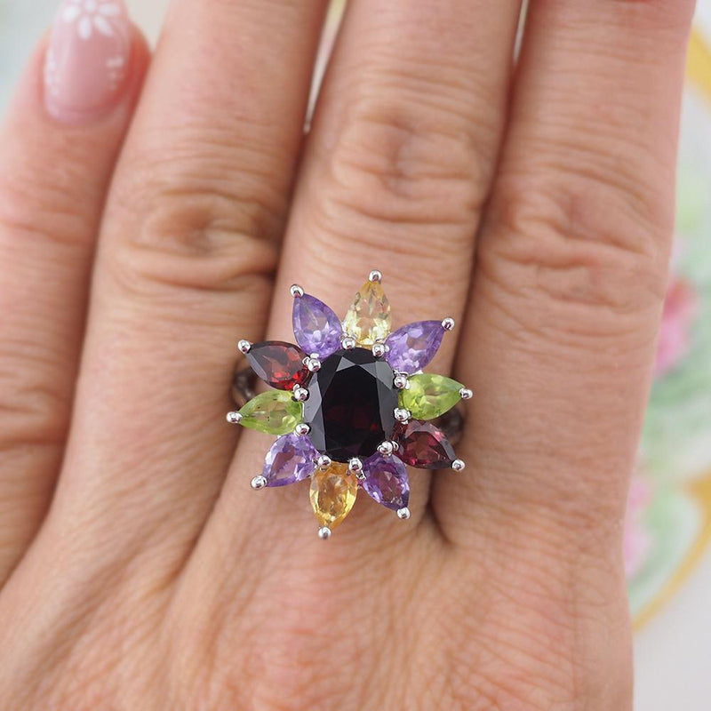 Gemstone Ring, Flower Ring, Sterling Silver Ring, Multi Gemstone Ring, Silver Ring, Woman's Ring, Garnet Ring, Multicolored Ring, 925 Ring