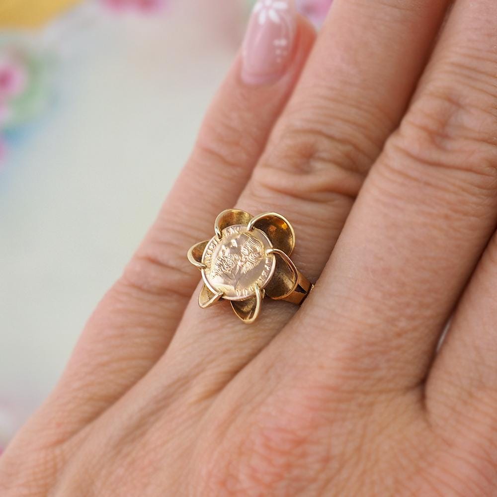 Gold Coin Ring, 14K Gold Ring, Maximiliano Emperador Ring, Mexican Ring, Vintage Gold Ring, Woman's Ring, Size 6.5 Ring, Elegant Ring