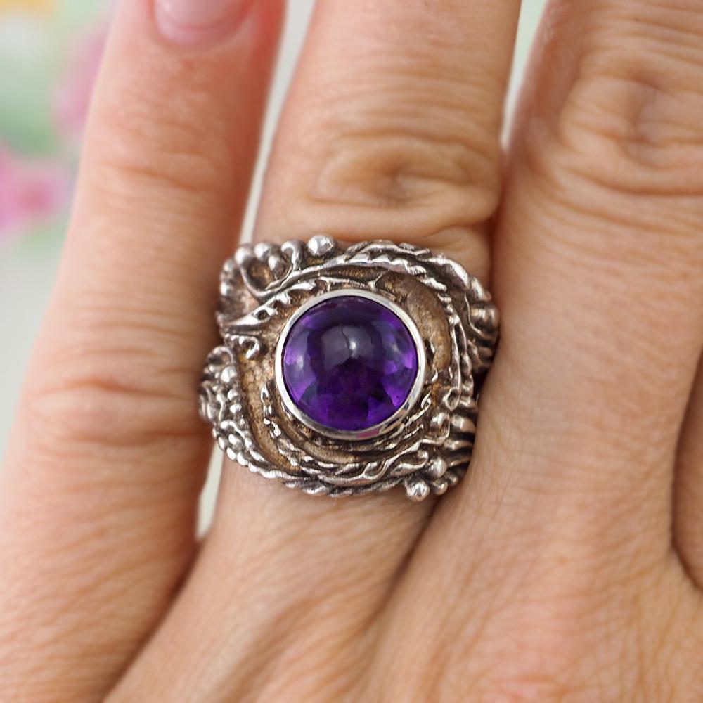 Amethyst Ring, Sterling Silver Ring, Handmade Ring, Cabochon Ring, Cocktail Ring, Heavy Ring, Estate Ring, Vintage Ring, 925 Ring