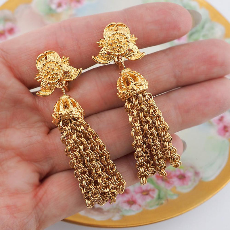 D'Orlan Earrings, Gold Tone Earrings, Clip On Earrings, Vintage Earrings, Tassel Earrings, Chain Earrings, Dangle Earrings, Gold Plate