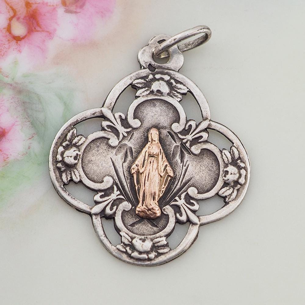 Our Lady of Grace Charm, Antique Charm, Mary Medal, Religious Medal, Mary Charm, Catholic Charm, Sterling Silver Charm, Vintage Charm