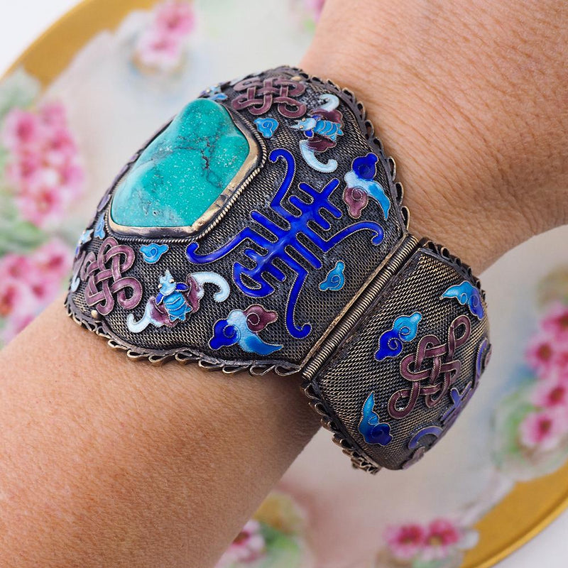 Chinese Export Bracelet, Filigree Bracelet, Turquoise Bracelet, Bat Bracelet, Enamel Bracelet, Chinese Export Silver, Wide Bracelet