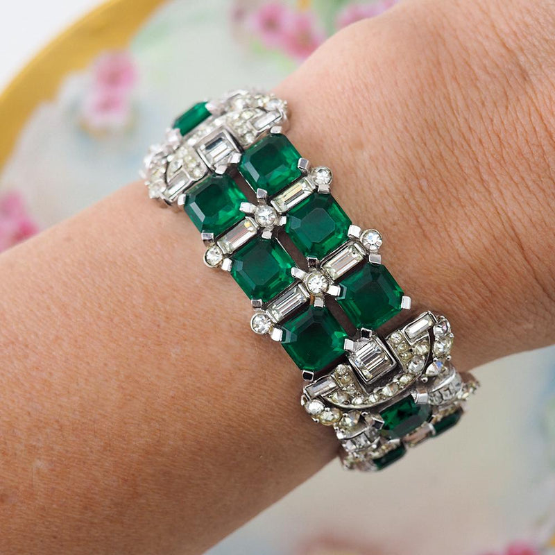 Boucher Bracelet, Rhinestone Bracelet, Vintage Bracelet, Emerald Green Bracelet, Boucher Design, Square Stones, Avon of Belleville