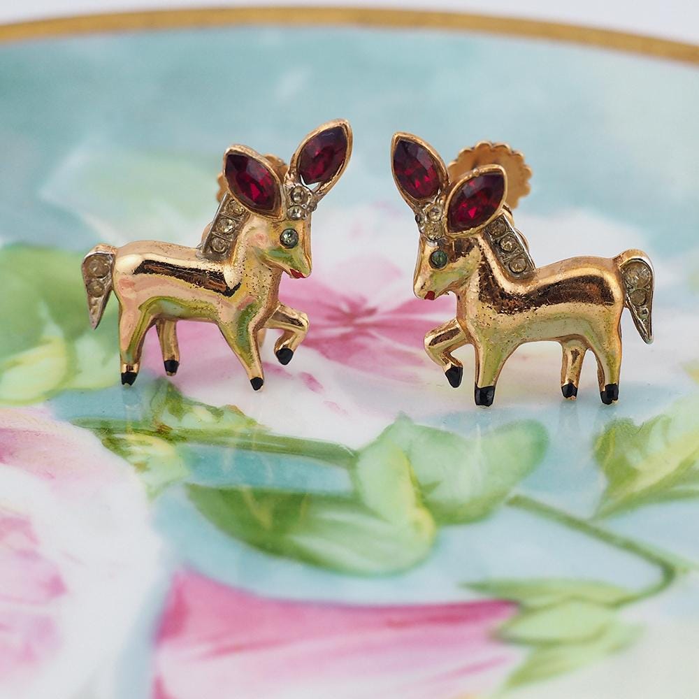 Coro Dancing Donkey Earrings, Vintage Earrings, Katz, Coro Figural, Donkey Earrings, 1940s Earrings, Screwback Earrings, Animal Earrings