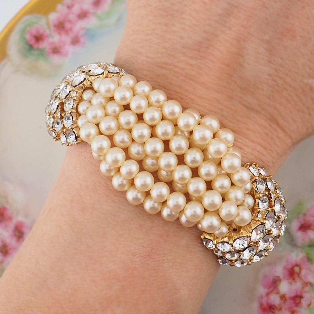 Ciner Bracelet, Pearl Rhinestone Bracelet, Faux Pearl, Ciner Jewelry, Vintage Bracelet, Sparkle Bracelet, Pearl Bracelet, Glass Pearls