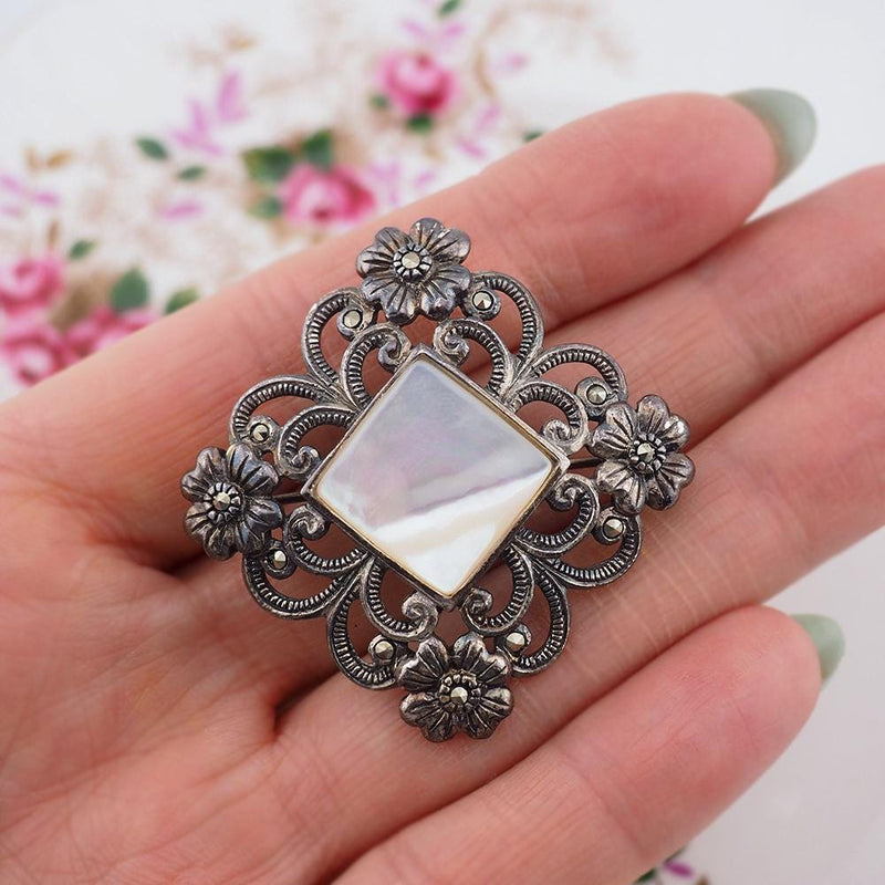 Vintage Brooch, Mother of Pearl Brooch, Sterling Silver Brooch, Marcasite Brooch, Antique Style Brooch, Floral Brooch, Openwork Brooch