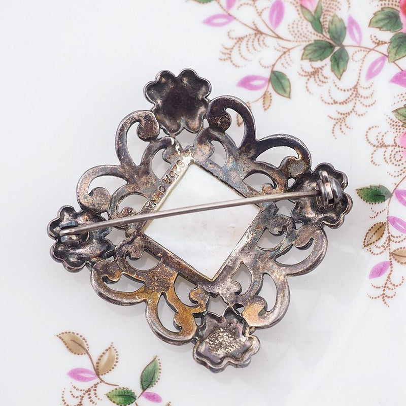 Vintage Brooch, Mother of Pearl Brooch, Sterling Silver Brooch, Marcasite Brooch, Antique Style Brooch, Floral Brooch, Openwork Brooch