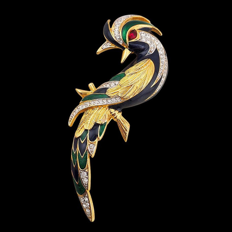 D'Orlan Brooch, Bird Brooch, Fantasy Bird, Figural Brooch, Enamel Brooch, Rhinestone Brooch, Gold Plated Brooch, D'Orlan Jewelry