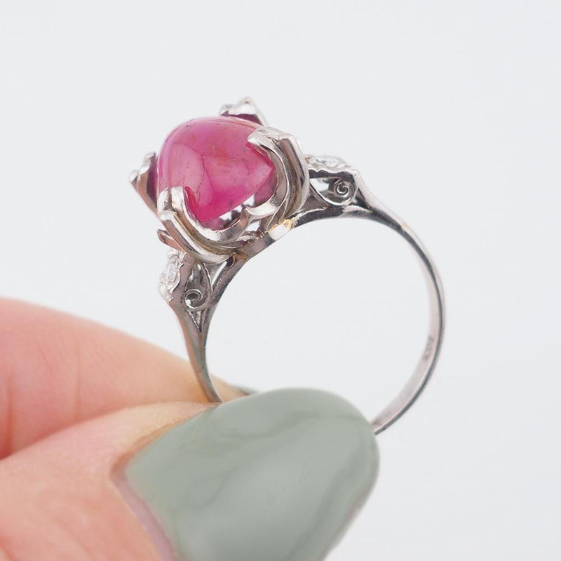 Vintage Platinum Ring, Ruby Diamond Ring, 1930s Ring, Ruby Cabochon Ring, Art Deco Ring, Platinum Ruby Ring, Pinkish-Red Ruby