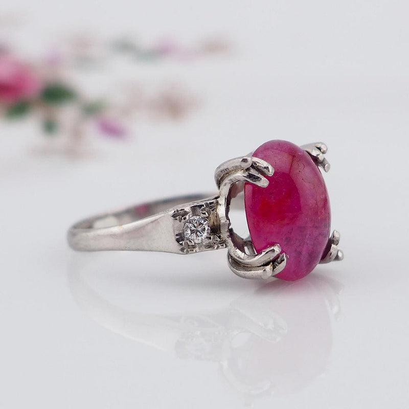 Vintage Platinum Ring, Ruby Diamond Ring, 1930s Ring, Ruby Cabochon Ring, Art Deco Ring, Platinum Ruby Ring, Pinkish-Red Ruby