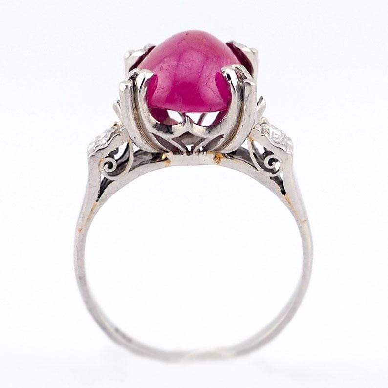 Vintage Platinum Ring, Ruby Diamond Ring, 1930s Ring, Ruby Cabochon Ring, Art Deco Ring, Platinum Ruby Ring, Pinkish-Red Ruby