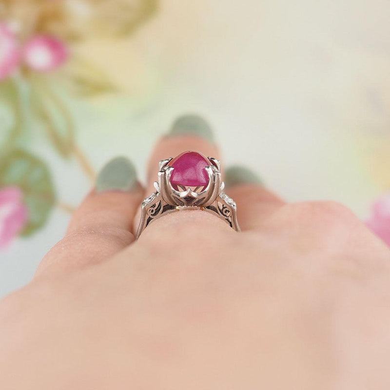 Vintage Platinum Ring, Ruby Diamond Ring, 1930s Ring, Ruby Cabochon Ring, Art Deco Ring, Platinum Ruby Ring, Pinkish-Red Ruby