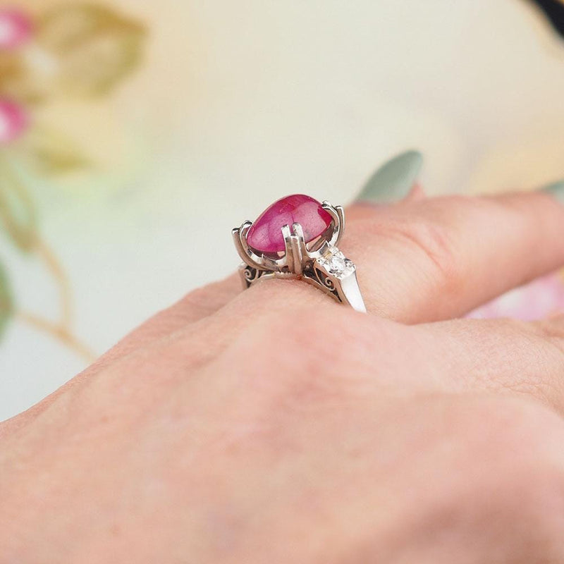 Vintage Platinum Ring, Ruby Diamond Ring, 1930s Ring, Ruby Cabochon Ring, Art Deco Ring, Platinum Ruby Ring, Pinkish-Red Ruby