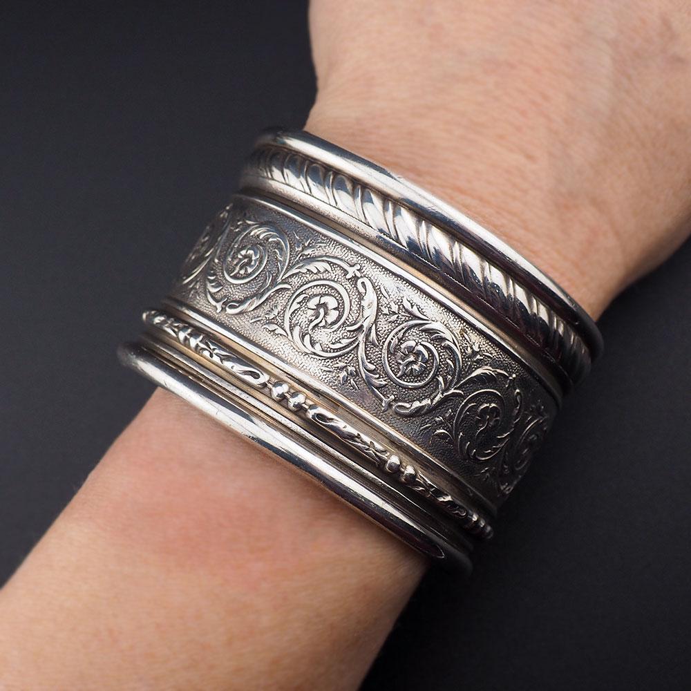アクセサリー Vintage Silver Wide Wave Caff Bangle 925 Victorian Style Wide Vintage Silver Cuff Bracelet – Vintage