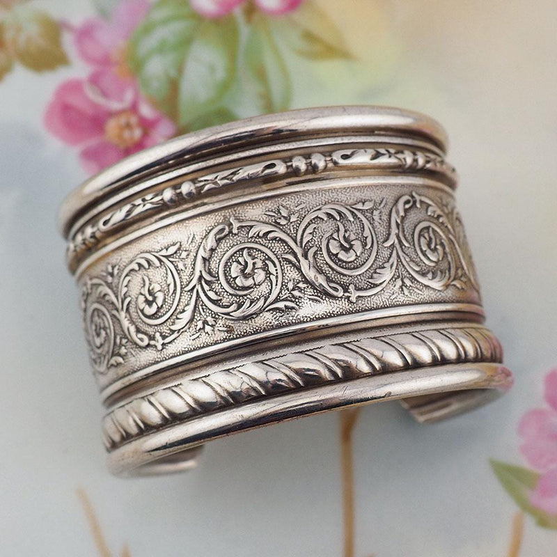 Wide Silver Cuff Bracelet, Victorian Style Bracelet, Heavy Silver Bracelet, Sterling Silver Bracelet, Handcrafted Bracelet, Wide Bracelet