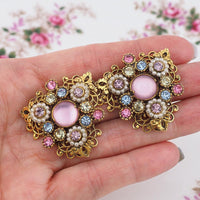 Selro Earrings, Filigree Earrings, Vintage Earrings, Clip On Earrings, Clip Earrings, Pastel Earrings, Big Earrings, Rhinestone Earrings