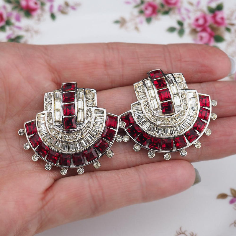 Weinberg New York, Vintage Rhinestone Earrings, Art Deco Style, Red Earrings, Clip On Earrings, Vintage Earrings, Weinberg Earrings, 1980s