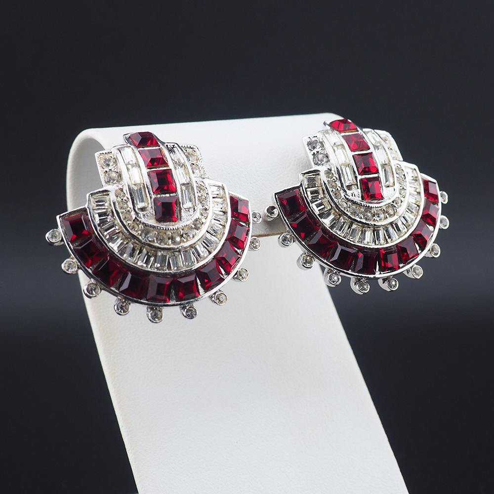 Weinberg New York, Vintage Rhinestone Earrings, Art Deco Style, Red Earrings, Clip On Earrings, Vintage Earrings, Weinberg Earrings, 1980s