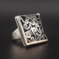 Silver and Gold Openwork Cubic Ring, Square Ring, Silver Ring, Size 8 Ring, Estate Ring, 925 Ring, 14K Gold Accent, Unique Ring, Artsy Ring