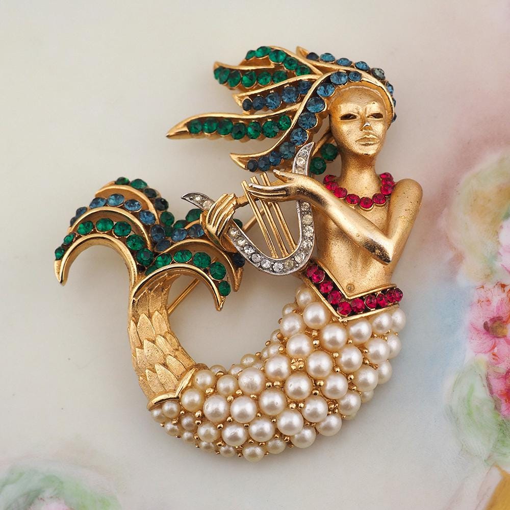 Trifari Mermaid Brooch, Trifari Figural, Vintage Trifari, Vintage Brooch, Vintage Rhinestone Brooch, Designer Brooch, 1960s Brooch, Trifari