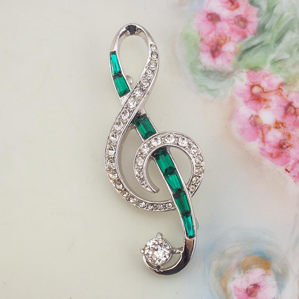 Boucher Brooch, Treble Clef Brooch, Music Brooch, 1950s Brooch, Vintage Brooch, Rhinestone Brooch, Baguette Brooch, Emerald Green