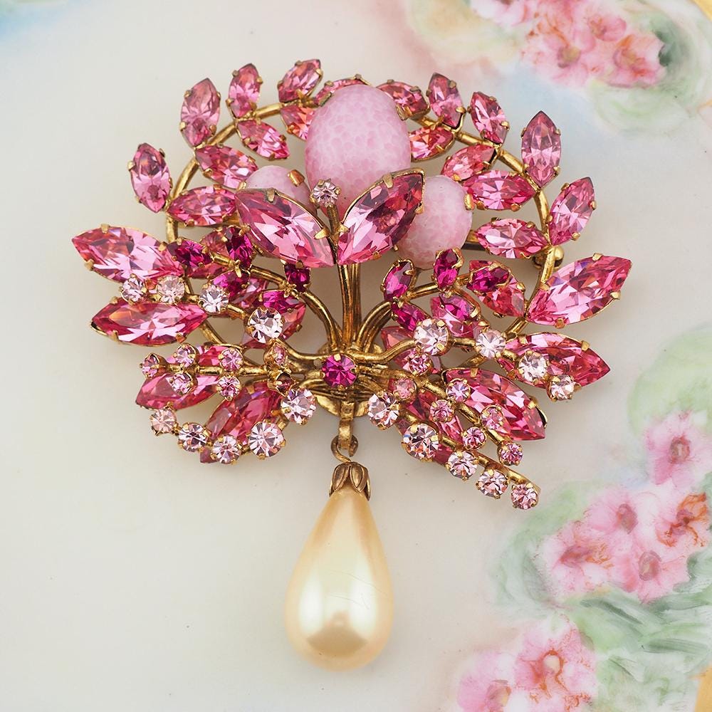 Vintage Pink Rhinestone Brooch, Austria Brooch, Vintage Brooch, Pearl Drop Brooch, Statement Brooch, Austrian Crystal Brooch, Rhinestone Pin