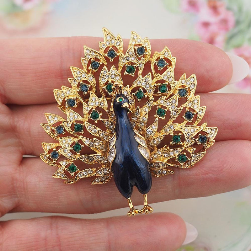 Gold Plated Peacock Brooch, Vintage Brooch, Peacock Pin, Rhinestone Brooch, Bird Brooch, Fantasy Bird Brooch, Enamel Bird Brooch, Peacock