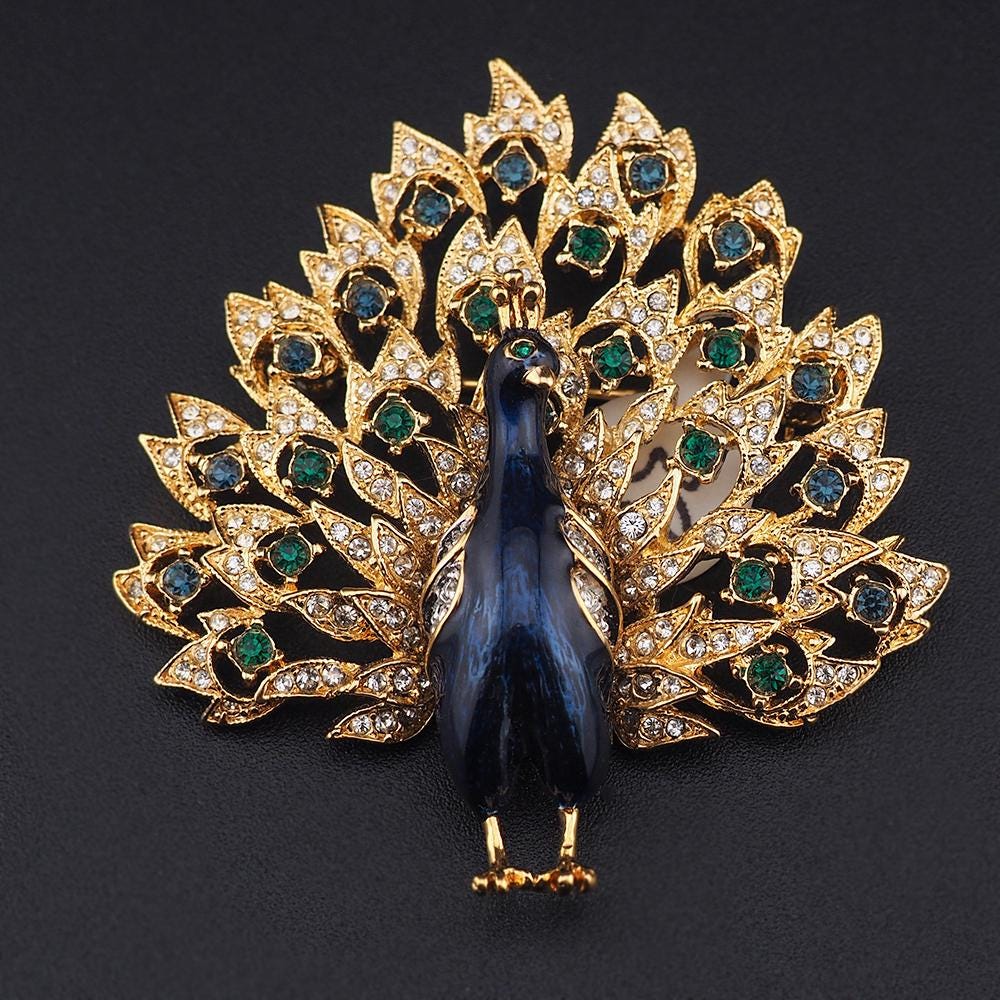 Gold Plated Peacock Brooch, Vintage Brooch, Peacock Pin, Rhinestone Brooch, Bird Brooch, Fantasy Bird Brooch, Enamel Bird Brooch, Peacock