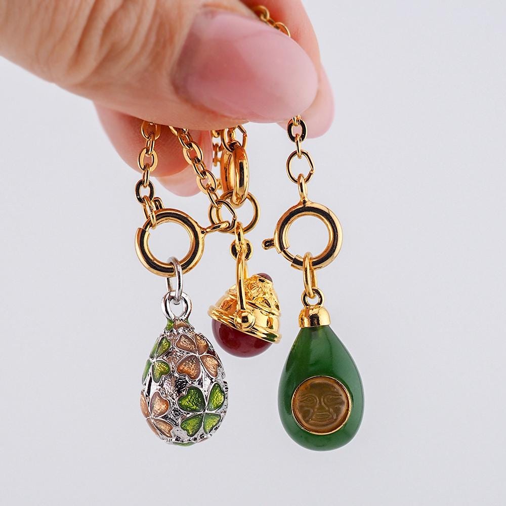 Joan Rivers Charms, Joan Rivers Egg, Egg Charm, Set of 3, Faberge Egg, Egg Necklace, Four Leaf Clover, Faux Jade, Swivel Charm