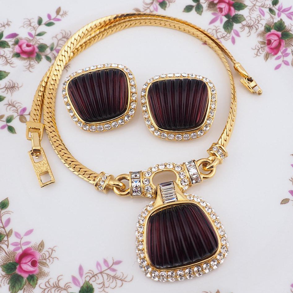 Oscar De La Renta, Necklace Earring Set, Vintage Necklace Set, Ribbed Glass, Designer Jewelry, ODLR, Gold Tone Jewelry, Luxury Jewelry