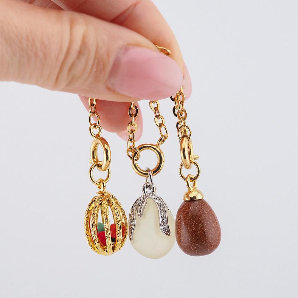 Joan Rivers Charms, Joan Rivers Egg, Charm Extension, Set of 3, Faberge Egg, Egg Necklace, Egg Charm, Goldstone Charm, Rhinestone Egg