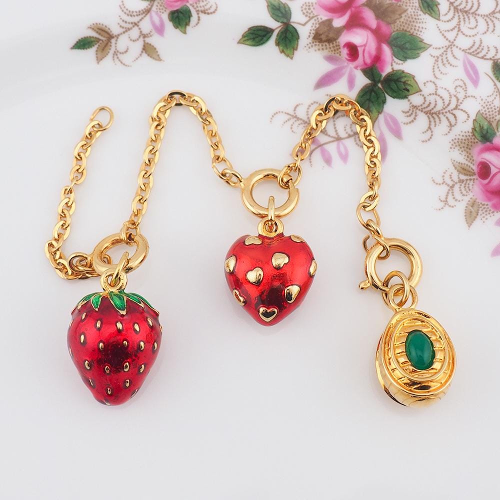 Joan Rivers Charms, Joan Rivers Egg, Egg Charm, Set of 3, Faberge Egg, Egg Necklace, Strawberry Charm, Heart Charm, Jade Egg Charm