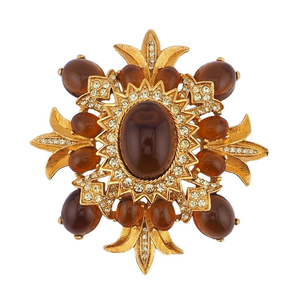 ヴィンテージ D’Orlan スターバーストブローチ 太陽 ストーン パール Swarovski Crystal Darigold, Light Topaz Flower Figurine