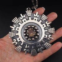 Huge Mexican Sterling Pendant, Smoky Quartz Pendant, Aztec Mayan Design, Vintage Silver Pendant, Iguala Mexico Pendant, 925 Silver Pendant