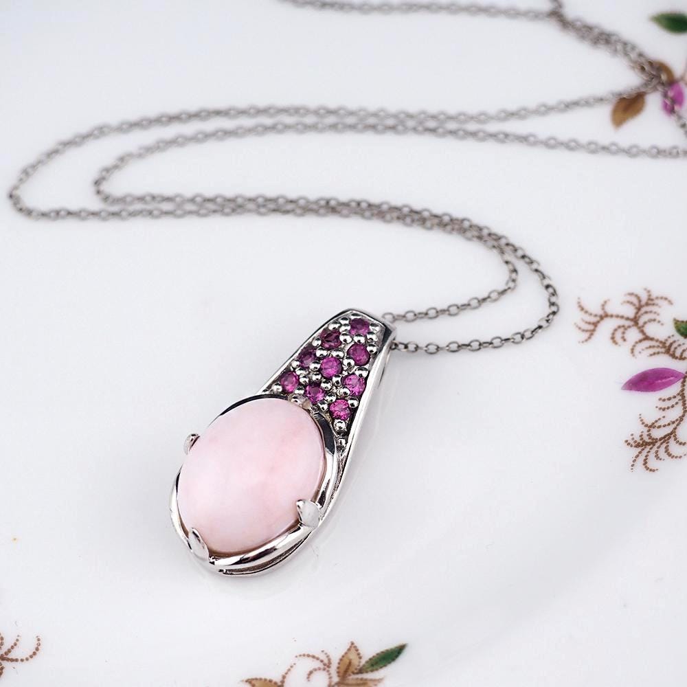 Sterling Silver Drop Pendant, Pink Opal Pendant Necklace, Rhodolite Garnet Pendant, Pink Gemstone Necklace, Pink Drop Necklace, Pink Pendant