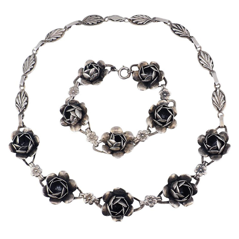 Coro Sterling Rose Necklace Set, Vintage Sterling Necklace, Coro Sterling Bracelet, Coro Rose Bracelet, Floral Necklace, Coro Jewelry Set