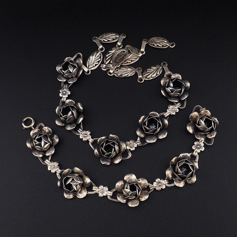 Coro Sterling Rose Necklace Set, Vintage Sterling Necklace, Coro Sterling Bracelet, Coro Rose Bracelet, Floral Necklace, Coro Jewelry Set