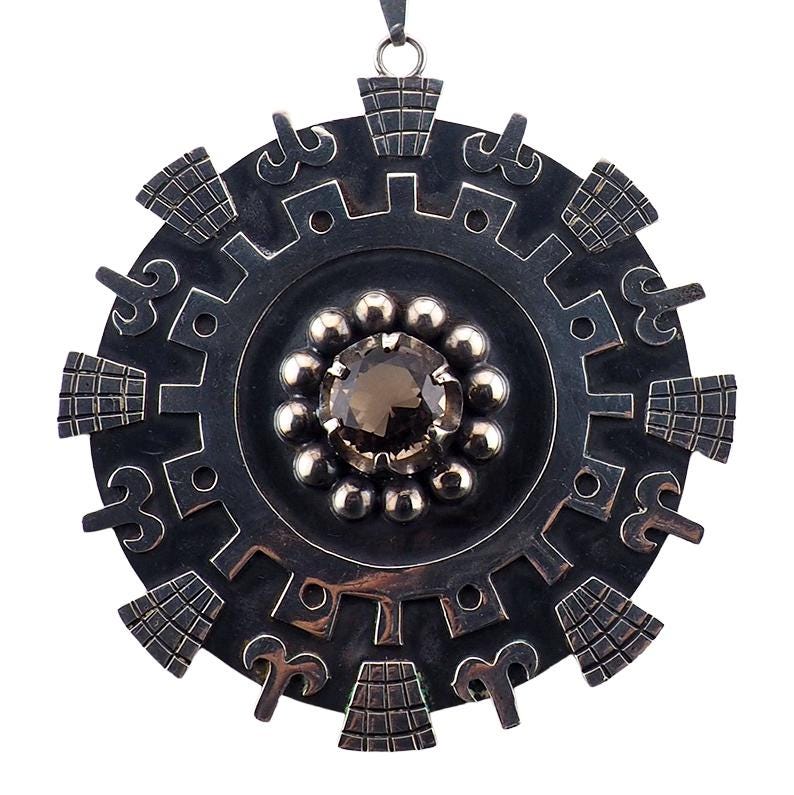 Huge Mexican Sterling Pendant, Smoky Quartz Pendant, Aztec Mayan Design, Vintage Silver Pendant, Iguala Mexico Pendant, 925 Silver Pendant