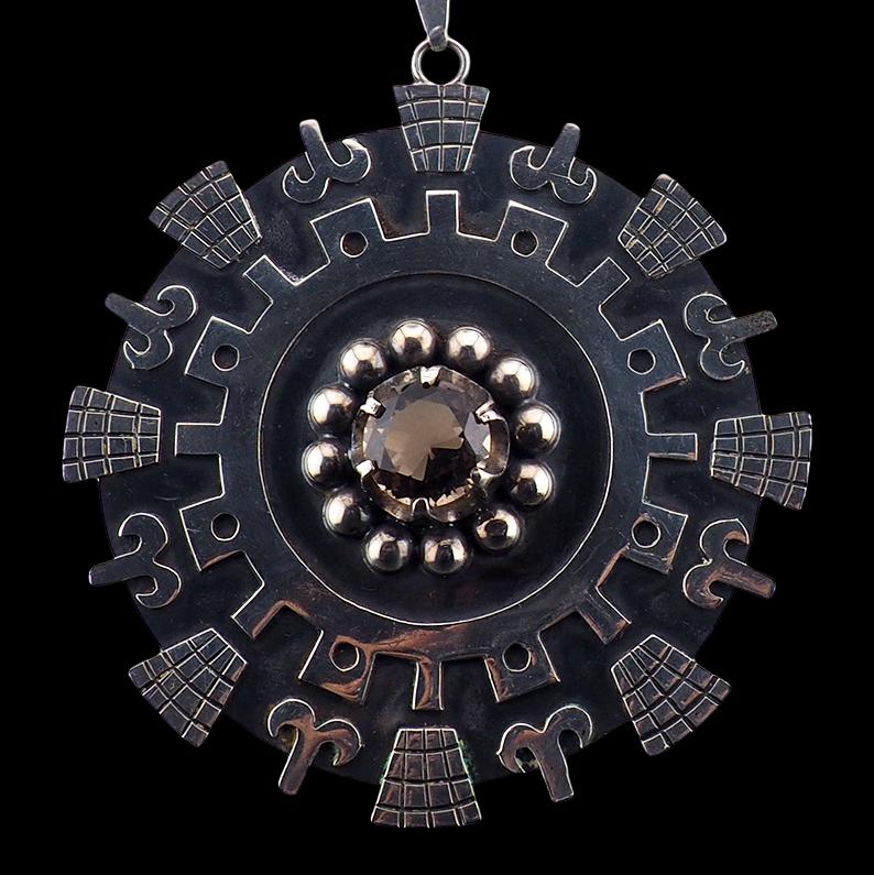 Huge Mexican Sterling Pendant, Smoky Quartz Pendant, Aztec Mayan Design, Vintage Silver Pendant, Iguala Mexico Pendant, 925 Silver Pendant
