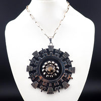 Huge Mexican Sterling Pendant, Smoky Quartz Pendant, Aztec Mayan Design, Vintage Silver Pendant, Iguala Mexico Pendant, 925 Silver Pendant